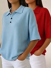 tanie Gładkie bluzki-Damskie Koszula waflowa Jednokolorowe Elegancja Aktywny Urlop Bez rękawów Rękaw 1/2 W serek Kołnierz polo Długie topy Codzienny Na zewnątrz Streetwear Niebieski / Czarny Biały + czarny Czerwony