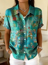 economico Arte &amp; Design Bluse-Per donna Camicia Bottoni Stampato Grafico Geometrico Paisley Quotidiano Elegante Casual Manica Corta Colletto a Camicia Top Regolari Casuale Quotidiano Verde Beige Estate Primavera