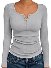 cheap Plain Blouses-Women's Blouse Buttons Solid Color Daily Stylish Casual Long Sleeve Crew Neck Regular Tops Daily Black White Wine Brown Dark Gray Spring Fall