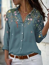 cheap Floral Blouses-Women's Shirt Blouse Patchwork Buttons Floral Graphic Elegant Vacation Stylish Long Sleeve Shirt Collar Regular Tops Daily Holiday Going out Blue Pink Green Summer Spring