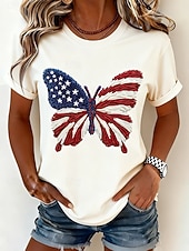  Dia da Independência Americana Mulheres Camiseta Imprimir Floral Gráfico Bandeira à moda Clássico Casual Manga Curta Gola Redonda Decote Redondo Tops regulares Casual Diário Branco Vermelho Verão