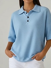  בגדי ריקוד נשים חולצת וופל צבע אחיד אלגנטית פעיל חופשה חצי שרוול צווארון V חולצות ארוכות יומי בָּחוּץ לבוש רחוב לבן אודם כחול סקיי כתום שחור קיץ אביב סתיו