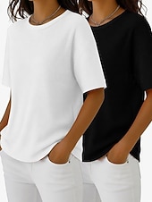  Wielopak 2 szt. damskich T-shirtów z waflowym wzorem, dzianinowe topy z waflowym wzorem, jednolity kolor, stylowy, podstawowy, klasyczny, krótki rękaw, okrągły dekolt, regularny top, swobodny, codzienny, plażowy, różowy + pomarańczowy