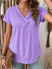 baratos Camiseta lisa-Mulheres Tops de verão Franzido Botões à moda Clássico Manga Curta Decote V Tops regulares Casual Diário Roupas de férias Preto Branco Rosa Vermelho Azul Real Verão Primavera