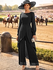 billige Mammas buksedresser-Buksedrakt Asymmetrisk Kjole til brudens mor Langermet Crew-hals Elegant Formell Bryllupsgjest Formell kveld Chiffon med Ensfarget