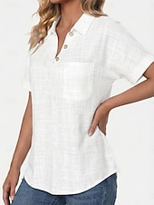 preiswerte Hemden-Damen Hemd Baumwoll-Leinen-Hemden Bluse Tasche Knöpfe Einfarbig Stilvoll Klassisch Modern Kurzarm V Ausschnitt Normale Oberteile Täglich Ferien Ausgehen Schwarz Weiß Aprikose Leicht Blau Sommer