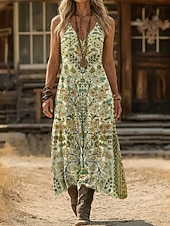 billiga Etnisk Boho Klänning-Dam Maxiklänning Boho-klänning Vintage klänning Vardagsklänning Vintage Normal Blommig Ärmlös V-hals Blå Svartvit Grön Sommar Vår