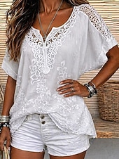 economico Top in Pizzo-Per donna Blusa Pizzo Tinta unica Elegante Casual Manica Corta Scollo a V Top Regolari Quotidiano Blu Nero Bianco Arancione Grigio Estate Primavera Autunno
