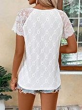preiswerte Spitzenoberteile-Damen T Shirt T-Shirt Spitze Patchwork Einfach Mode Stilvoll Klassisch Kurzarm V Ausschnitt Normale Oberteile Täglich Ausgehen Wochenende Weiß Sommer Frühling