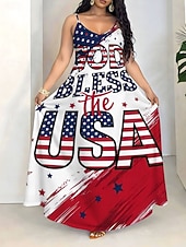  Amerykański Dzień Niepodległości Damskie Sukienka maxi Sukienka A line Sukienka na ramiączkach Urlop Codzienny Plaża Wyjściowe Regularny Graficzny Gwiazdy i paski Bez rękawów W serek Niebieski