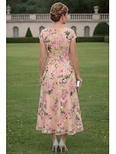 ieftine Lungimea gleznei-Linia -A Rochii Lungime Gleznă Lungimea ceaiului Rochie pentru invitata de nunta Rochie Mama Miresei Manșon scurt Stil Nautic În V Elegant Pastel Oficial Invitat la nunta Semi formal Dantelă cu Flori