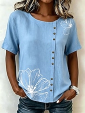 cheap Floral Blouses-Women's Blouse Buttons Print Floral Graphic Vintage Tropical Stylish Short Sleeve Crew Neck Regular Tops Casual Holiday Blue Pink Purple Green Summer Spring