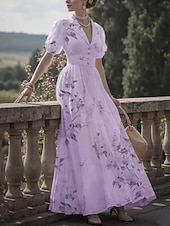 baratos Vestidos Florais-Mulheres Vestido Longo Vestido A Line Casual Ao ar livre Para Noite Normal Floral Manga Curta Decote V Rosa Roxo Damasco Verão Primavera