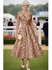  A-linje Te-lengde Cocktailkjoler Elegant Blomster 3/4 ermer V-hals Bryllup Formell Lomme Jacquard med Plissert