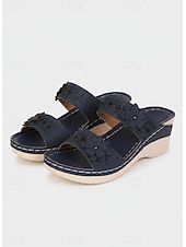 ieftine Sandale tip slide-sandale de damă cu pană cu ornamente florale și suport confortabil pentru arc - perfecte pentru ieșirile casual de vară