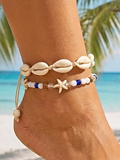 Недорогие Женский браслет-Женский богемный браслет на лодыжку из ракушек с подвесками в виде звезд, двухслойный, регулируемая длина, идеально подходит для пляжного отдыха, повседневной носки и летних аксессуаров.