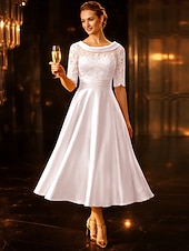 رخيصةأون طول الكاحل-A-الخط طول الساق فستان الحفلة فستان كوكتيل فستان زفاف ضيف فستان أم العروس نصف كم رقبة سكوب أنيق عتيق ضيف حفل زفاف ساتان دانتيل مع روش زينة