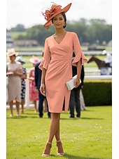 preiswerte Teelänge-Kleid Knielang Derby-Kleid Brautmutterkleid Halbarm V Ausschnitt Elegant Kentucky Derby Stretchstoff mit Falten Gerafft Drapierung