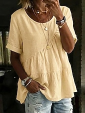 お買い得  エッセンシャルフェイクシャツ-女性用 Tシャツ フェイクリネンシャツ ティートップ フリル 平織り ファッション スタイリッシュ クラシック 半袖 クルーネック レギュラートップス 日常 お出かけ 週末 ブルー ブラック ホワイト イエロー ピンク 夏 春