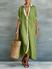 economico Vestiti-abito lungo da donna in cotone e lino, camicia, abito a tubino, abito estivo, casual, vestibilità ampia, tinta unita, manica a 3/4, risvolto, nero, rosa, azzurro, verde, estate, primavera
