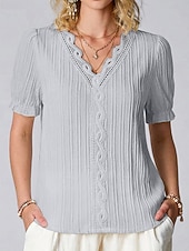 cheap Plain tee-Women's T Shirt Lace Splicing Top Tee Top Lace Patchwork Plain Fashion Stylish Classic Short Sleeve V Neck Regular Tops Daily Going out Weekend Black White Yellow Purple Fuchsia Summer Spring