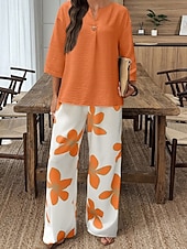 abordables Trajes de blusa para mujer-Women's Two Piece Sets Pants Sets 3/4 Length Sleeve V Neck Floral Graphic Print Daily Stylish Casual Daily Vacation Blue Purple Orange Summer Regular Fit