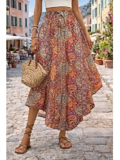 Χαμηλού Κόστους Διακοπές Φούστες-Γυναικεία Φούστα διακοπών Κομψό Βοημία Μοντέρνα Καθημερινό Μίντι Κανονική Μέση Φούστες Γραφική Λαχούρι Κορδόνι Ελαστική μέση Ακανόνιστος γιακάς Ανελαστικό Καθημερινά Διακοπές