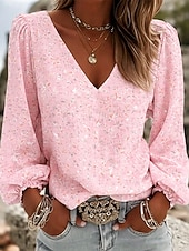 ieftine Bluze florale-Pentru femei Cămașă Cămașă Boho Floral Grafic Elegant Boemia Vacanță Manșon Lung În V Topuri obișnuite Casual Zilnic Concediu Albastru piscină Roz Îmbujorat Mov Trifoi Vară Primăvară