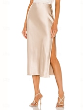 economico Gonne Formali-Per donna Gonne in raso Elegante Moda Midi Vita Alta Gonne Semplice Con Spacco Micro-elastico Feste Data Nero Champagne Marrone Verde Estate