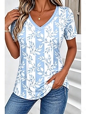 baratos Camiseta floral-Mulheres Camiseta Imprimir Floral Gráfico Plantas à moda Clássico Casual Manga Curta Decote V Tops regulares Diário Azul Rosa Verde Verão Primavera
