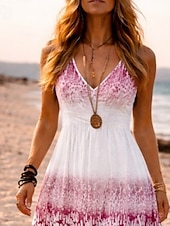  音楽フェスティバル レディース ミディドレス ウエスタン ボヘミアン ビーチ サンドレス Aラインドレス バックレスドレス バケーション カジュアル ホリデー レギュラーフィット グラフィック 幾何学模様 ノースリーブ Vネック ピンク 夏 春 秋