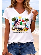  Mujer Camiseta Estampado Graphic Letra Equipo de fútbol Elegante Clásico Casual Manga Corta Escote en Pico Tops regulares Casual Diario Blanco Verano Primavera