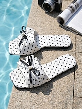 cheap Slide Sandals-Women's Polka Dot Bow Slide Sandals – Cute Pearl Bow Slip-On Flats, Casual Chic Slippers for Poolside, Hotel Resort &amp; Summer Holiday