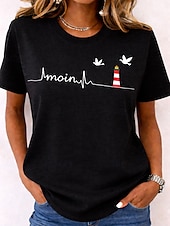 tanie koszulka w kwiaty-Damskie Podkoszulek Nadruk Kwiaty Graficzny Moda Elegancki Klasyczny Krótki rękaw Półgolf Okrągły dekolt Zwykłe topy Codzienny Weekend Niebieski Jasny beż Czarny Jasnozielony Zielony Lato Wiosna