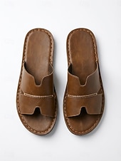abordables Hombres-Men's Brown Faux Leather Cross-Strap Slide Sandals Lightweight Comfort Beach Shoes for Beach Vacation, Island Getaways, Seaside Relaxing, Resort Wear, and Warm Weather Casual Style
