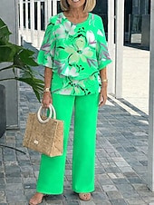economico Abiti da donna con camicetta-Per donna Set di Pantaloni Manica 3/4 Girocollo Floreale Grafico Elegante Vacanza Casuale Quotidiano Vacanza Blu Fucsia Arancione Estate Vestibilità comoda