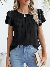 voordelige Effen t-shirt-Dames T-shirt Met ruches Effen Elegant Modieus Stijlvol Korte mouw Strakke ronde hals Normale tops Dagelijks Uitgaan Weekend Zwart Wit Marineblauw Groen Abrikoos Zomer Lente