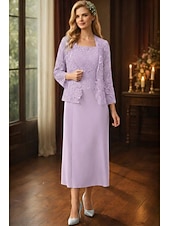 abordables Conjuntos de vestidos para mamá-Conjuntos de vestidos Vestido de invitada de boda largo hasta el suelo Vestido de la madre de la novia Manga larga Cuello redondo Elegante Simple Invitada de boda con color sólido