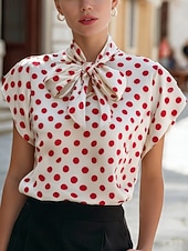 voordelige Strepen- en Geometrische Blouses-Dames Overhemd Blouse Top met stippen Strik Geometrisch Stijlvol Basic Klassiek Korte mouw Stropdas nek Normale tops Dagelijks Kantoor Feestdagen Zwart Wit Rood Zomer Lente