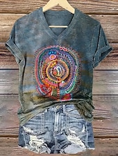 baratos T-shirt Boho-Mulheres Camiseta Imprimir Floral Gráfico Plantas Vintage à moda Clássico Manga Curta Decote V Tops longos Diário Final de semana Azul Laranja + Verde Branco Amarelo Rosa Verão Primavera