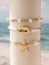 Χαμηλού Κόστους Γυναικείο βραχιόλι-Σετ γυναικείων ελαστικών βραχιολιών μποέμ στυλ, 3 τεμάχια, υλικό κράματος αλουμινίου, χρώματα χρυσού &amp; ασημί, ρυθμιζόμενη εφαρμογή, ιδανικό για διακοπές στην παραλία, casual καθημερινή χρήση