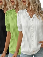 3er-Pack Damenblusen, T-Shirts, Oberteile mit Strukturmuster, Spitze, Patchwork, schlicht, modisch, stilvoll, klassisch, Kurzarm, V-Ausschnitt, normale Oberteile, lässig, für Alltag, Strand, Weiß + Fuchsia + Gelb