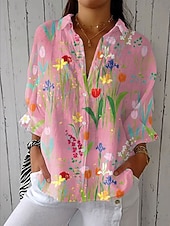 voordelige Bloemen Blouses-Dames Overhemd Bloemig Grafisch Elegant Vakantie Stijlvol 3/4 mouw Overhemdkraag Normale tops Casual Dagelijks Werk blauw Blozend Roze Paars Groen Zomer Lente