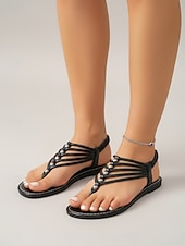 cheap Flat Sandals-Women's Black Thong Sandals with Beaded Straps – Lightweight Elastic Slip-On Summer Sandals for Beach, Vacation, Travel and Casual Wear