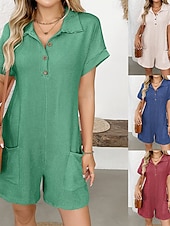 olcso nyaralás jumpsuit-Női Rugdalózók Aktív Tömör szín Rövid ujjú Széles lábszár Állógallér Zseb Gombok Napi Vakáció Laza öltözet Medence Arcpír rózsaszín Bor Nyár
