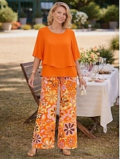 economico Abiti da donna con camicetta-Per donna Set di Pantaloni Manica Corta Mezza Manica A farfalla Girocollo Floreale Grafico Elegante Vacanza Casuale Quotidiano Arancione Verde Beige Primavera &amp; Estate Vestibilità comoda
