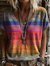 baratos T-shirt Boho-Mulheres Camiseta Imprimir Floral Gráfico Plantas Vintage à moda Clássico Manga Curta Decote V Tops longos Diário Final de semana Azul Laranja + Verde Branco Amarelo Rosa Verão Primavera