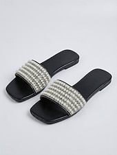 cheap Women-Women's Black Pearl Decorated Slide Sandals - Chic Flat Beach Slippers with Faux Pearl Straps for Island Vacations, Summer Resorts &amp; Elegant Poolside Lounging
