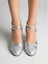 preiswerte 1920er Jahre &amp; Gatsby-Ära-Damen-Standardtanzschuhe in Silber – geschlossene Zehenpartie, Standard &amp;Lateinamerikanische Tanzschuhe mit gekreuzten Riemen, professionelles Training &amp; Wettbewerb