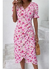 cheap Floral Dress-Women's Midi Dress Summer Dress Ruffle Dress Bodycon Dress Vacation Party Casual Regular Fit Floral Graphic Short Sleeve V Neck Blue Yellow Pink Summer Spring